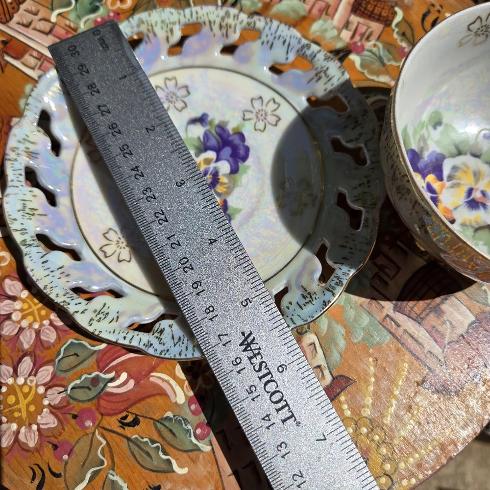 Vntg Lusterware‎ Footed Cup Pierced Saucer Gold trim B. P. Import Japan ART DECO